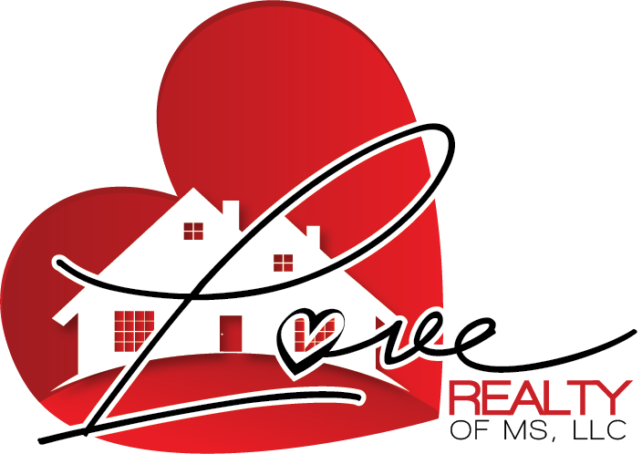 A red and white logo for love real estate.